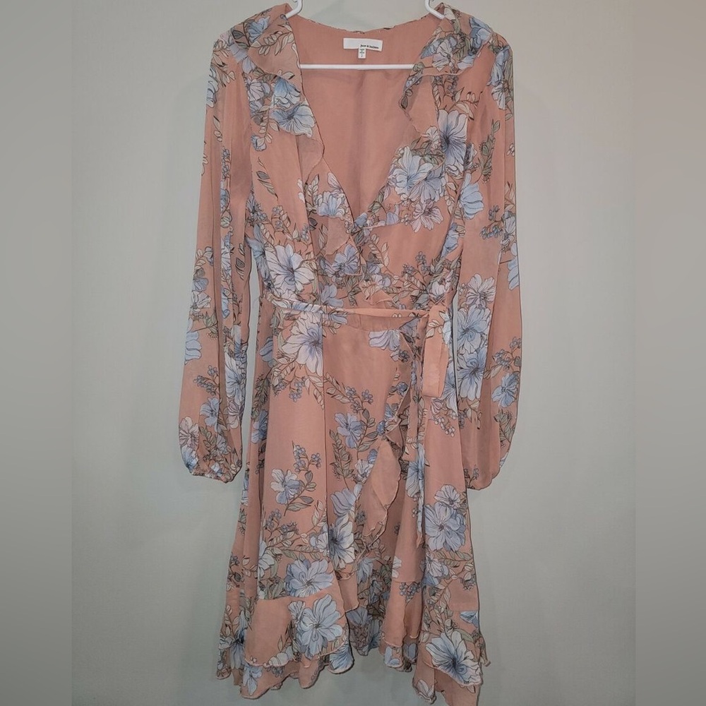 Long sleeve pink floral wrap dress